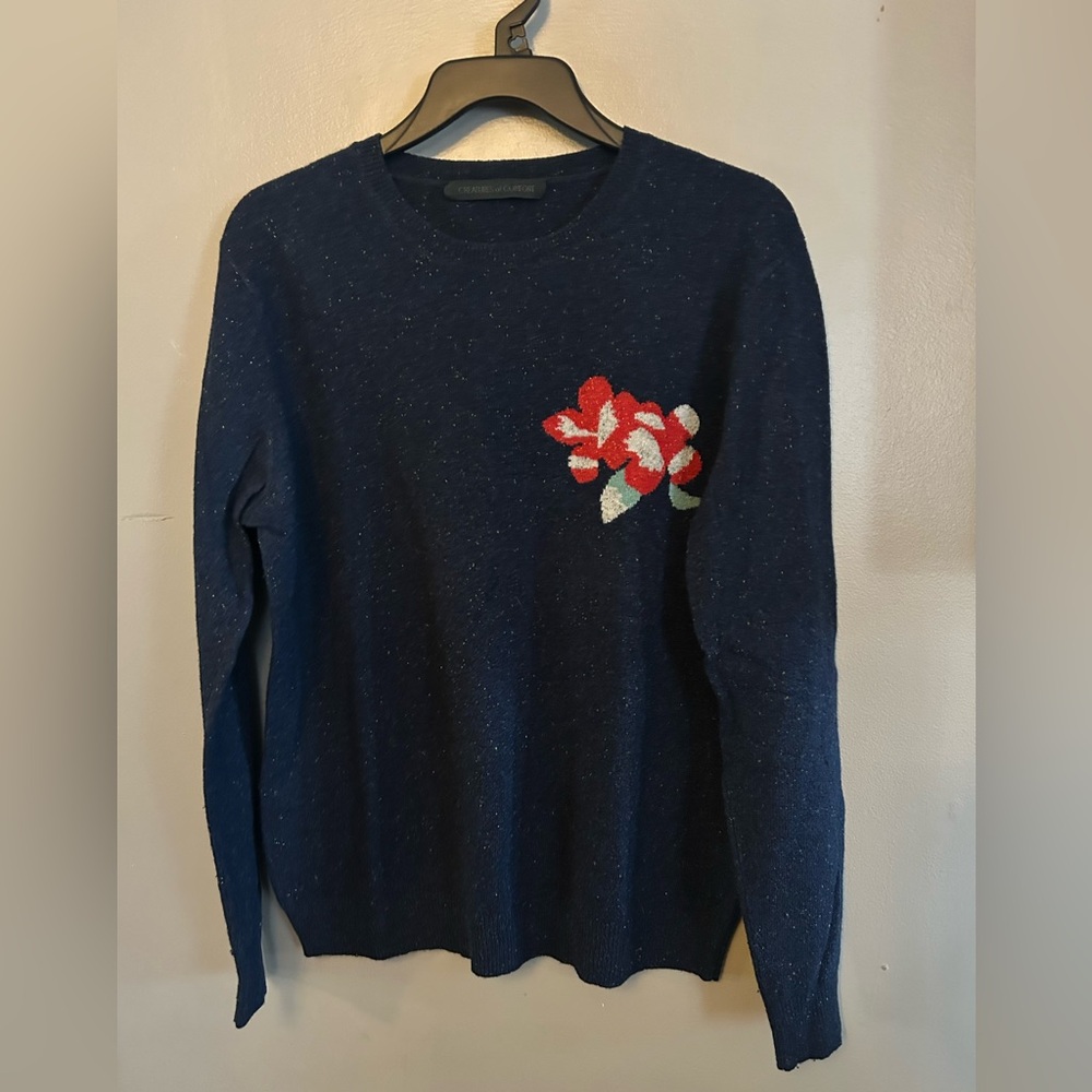 Creatures of Comfort Sweater - navy speckled crew neck w/flower wool/angora/silk - Picture 2 of 9